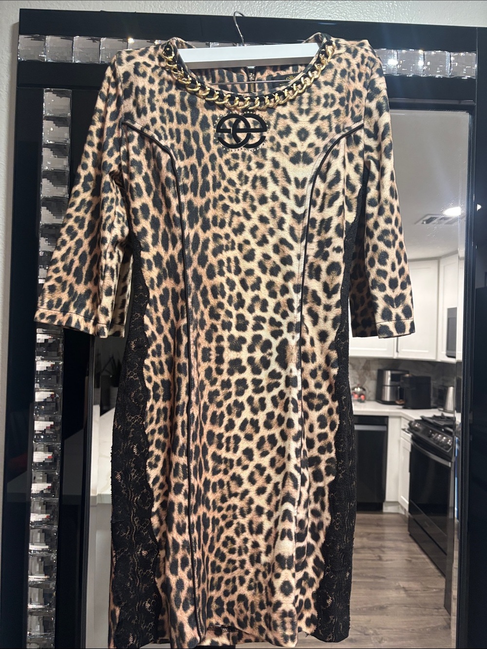 Leopard Print Sheath Dress with Chain Detail - Black & Tan